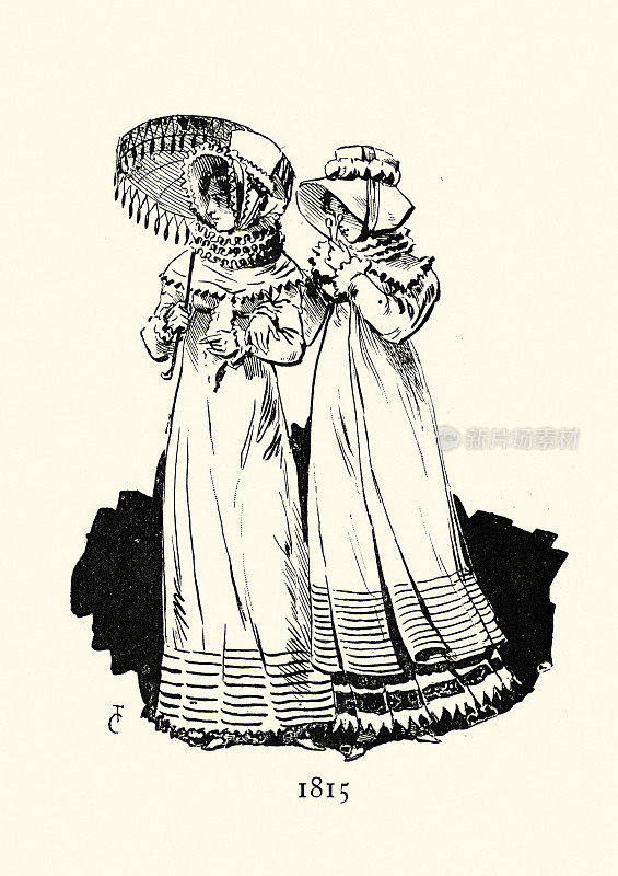 年轻女性穿着高腰连衣裙，帽子，阳伞，19世纪早期的时尚