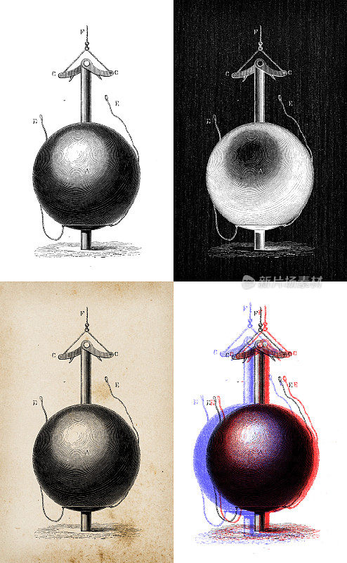 科学发现的古董插图，全球通信的电缆连接:布鲁克探针