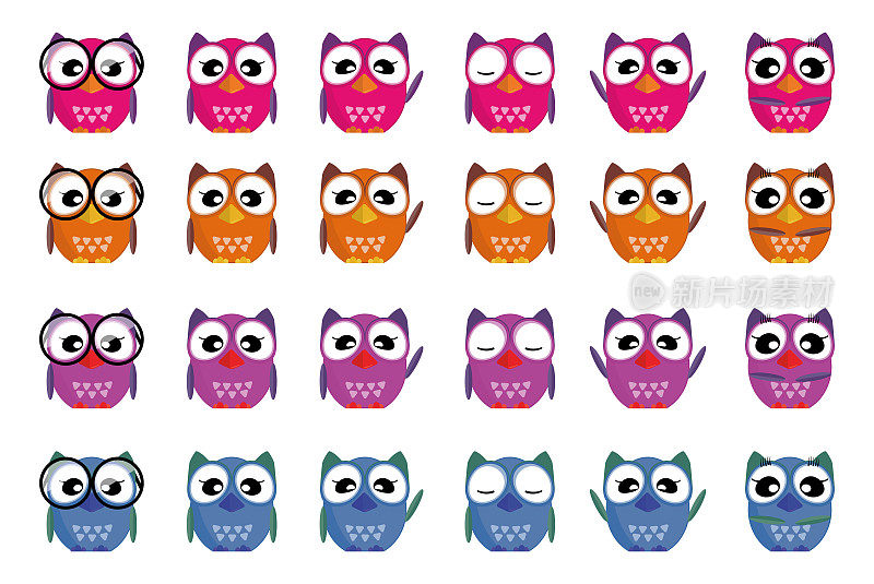 猫头鹰图标，五颜六色的猫头鹰，有不同的表情，情绪和配件