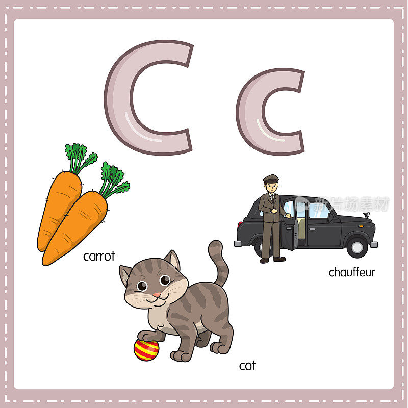 向量插图学习字母C的小写和大写的儿童与3卡通图像。胡萝卜猫司机。
