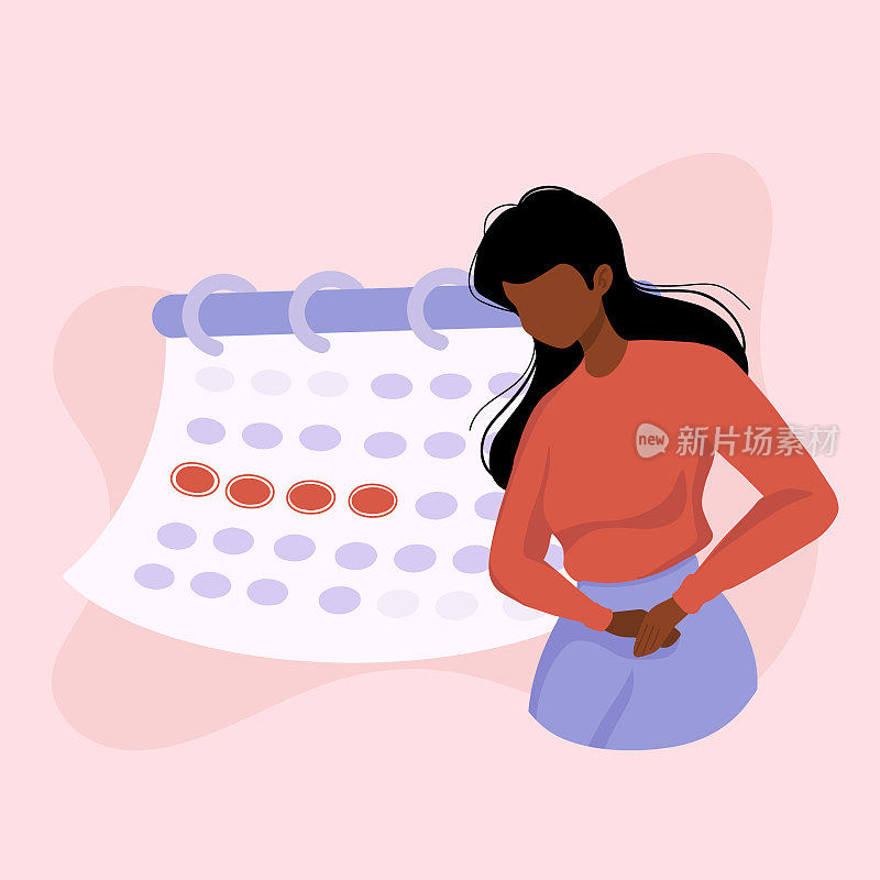 皮肤黝黑不适的妇女患胃痛、腹痛。女性问题。有经期的女孩，经前综合症，经前综合症，月经，日历。