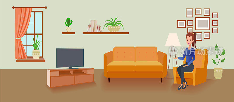 矢量女人坐在房间里，室内背景，电视机和沙发，不同的装饰，家庭植物。