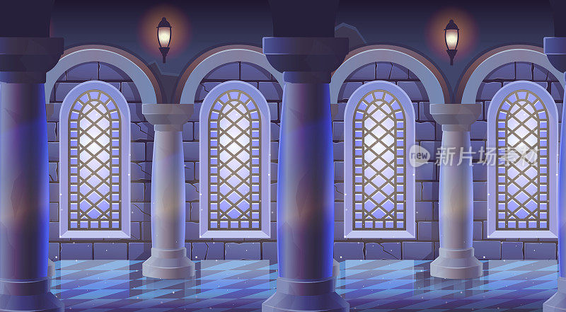 无缝的背景。中世纪城堡的房间有彩色玻璃窗，柱子大理石地板和石墙。古代宫殿内部。动画走廊矢量插图游戏背景。