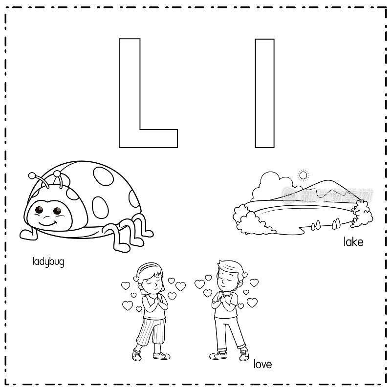 向量插图学习字母L的小写和大写的儿童与3卡通图像。瓢虫喜欢湖。