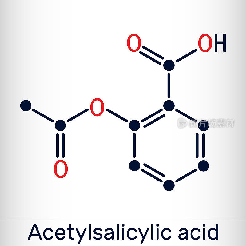 乙酰水杨酸，阿司匹林，ASA分子。它是水杨酸盐，止痛解热的药物，用于治疗疼痛，发烧，炎症。骨骼的化学公式