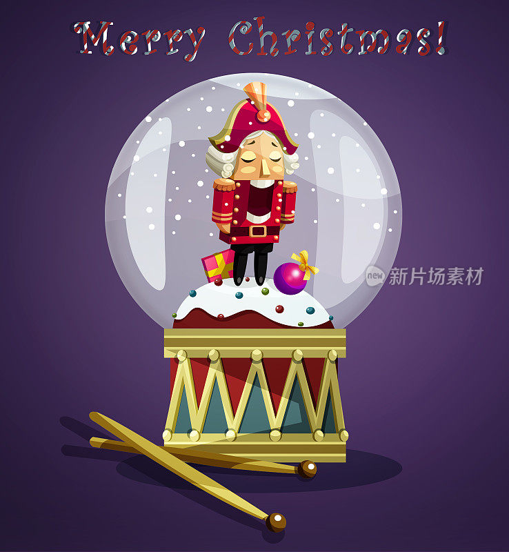 新年快乐，圣诞快乐!卡通圣诞雪花球与胡桃夹子在喜庆的彩色背景。创造性的节日卡片。
