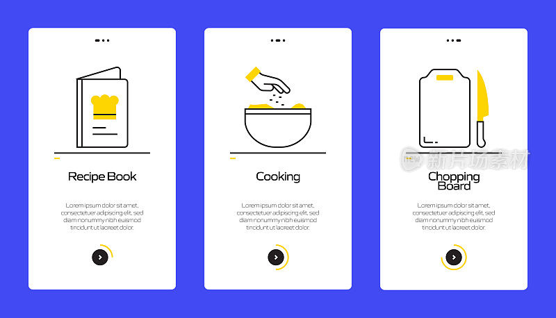 在移动应用页面上使用扁平图标的烹饪概念。用户体验，UI设计模板矢量插图
