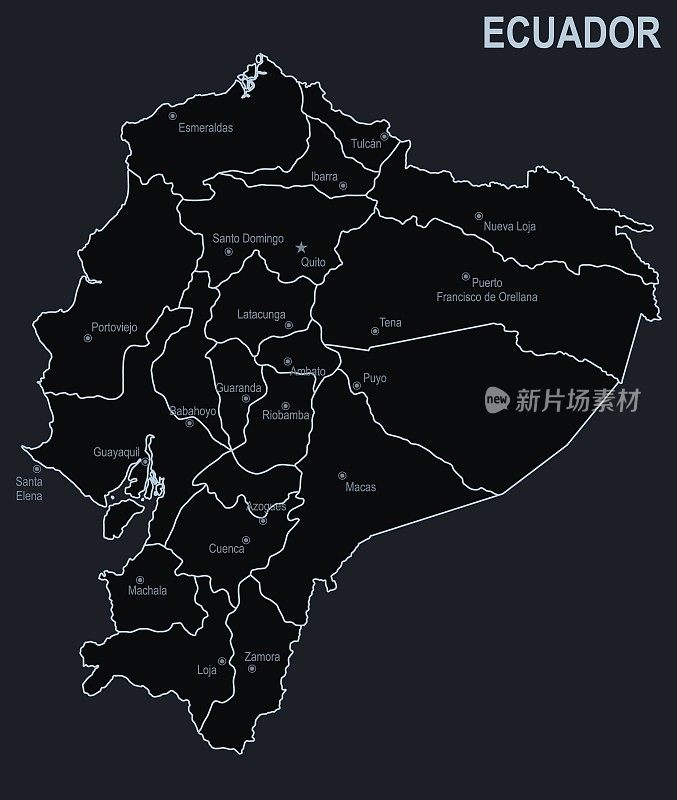厄瓜多尔的扁平地图与城市和地区在一个黑色的背景