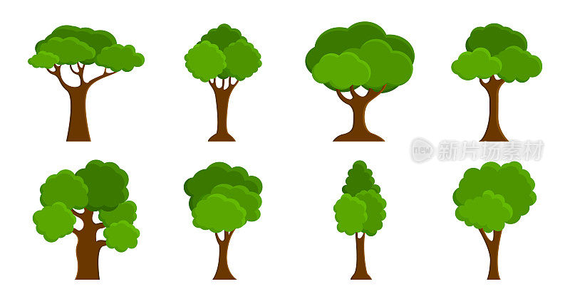 一组平坦的树。自然与森林树木。绿色的树图标为自然主题。矢量插图。
