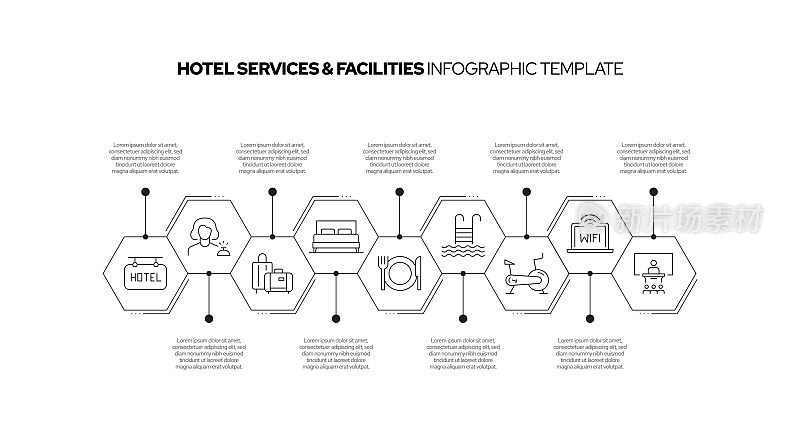 酒店服务和设施概念矢量线信息图形设计图标。9选项或步骤的介绍，横幅，工作流程布局，流程图等。