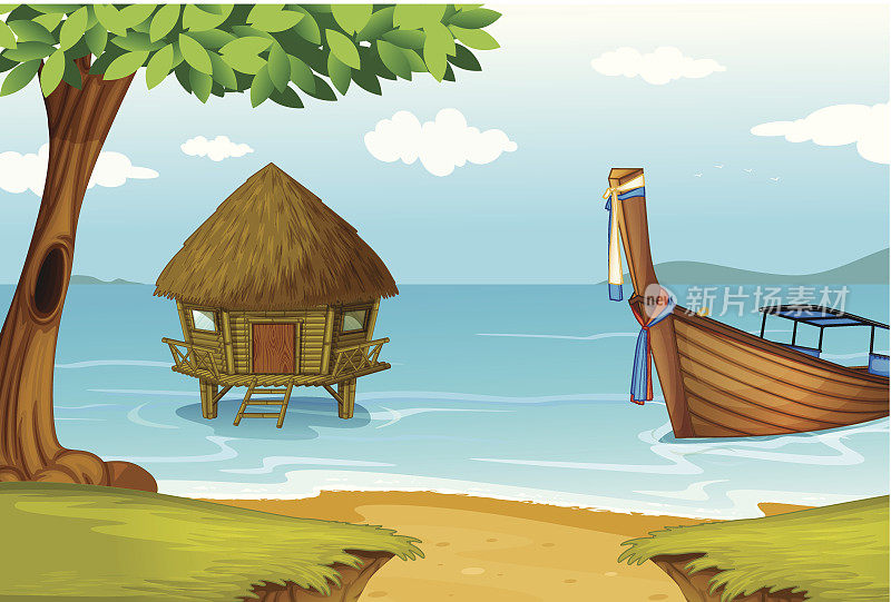 海滩上有小屋和木船