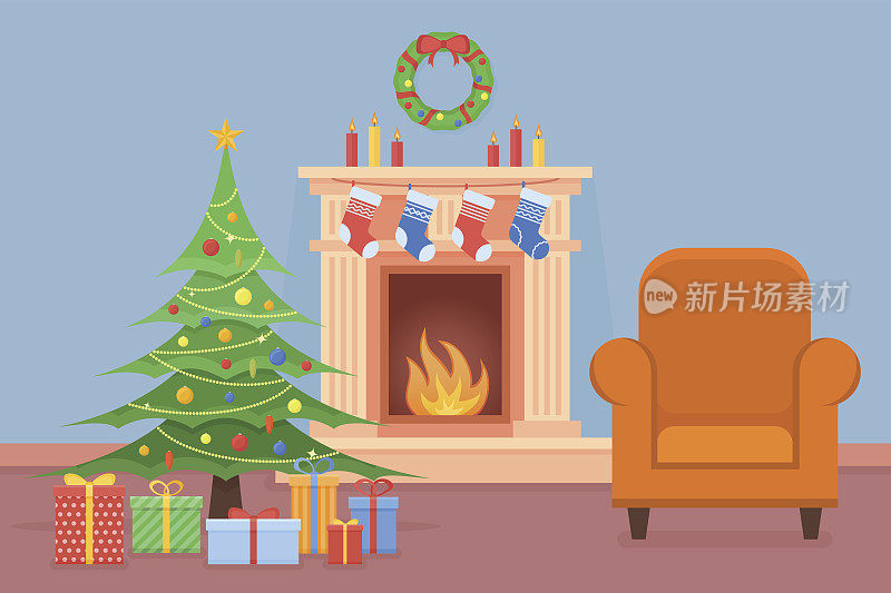 圣诞室内有壁炉，圣诞树，礼物和扶手椅