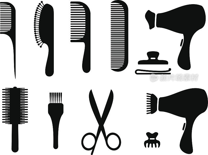 发型师黑色图标向量。理发师的专业工具。