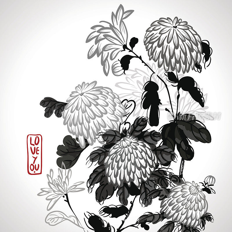 矢量盛开的菊花在中国风格