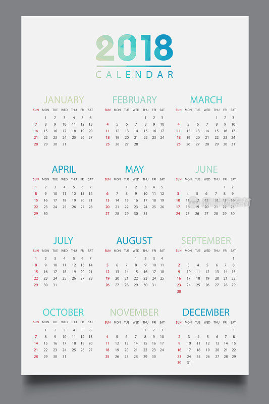 简单的2018年日历。2018年的抽象日历。一周从周日开始