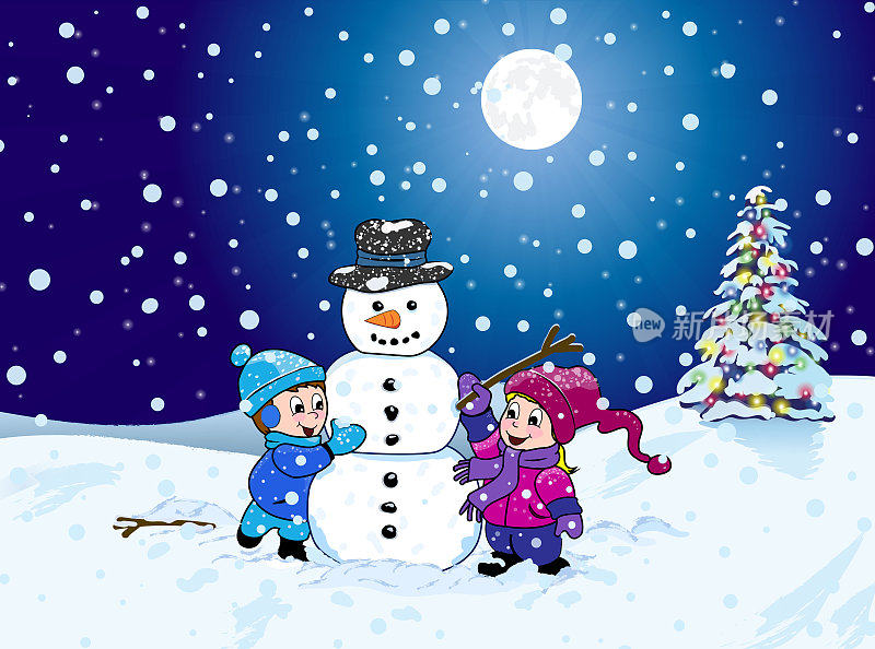 孩子们在冬天的夜晚堆雪人