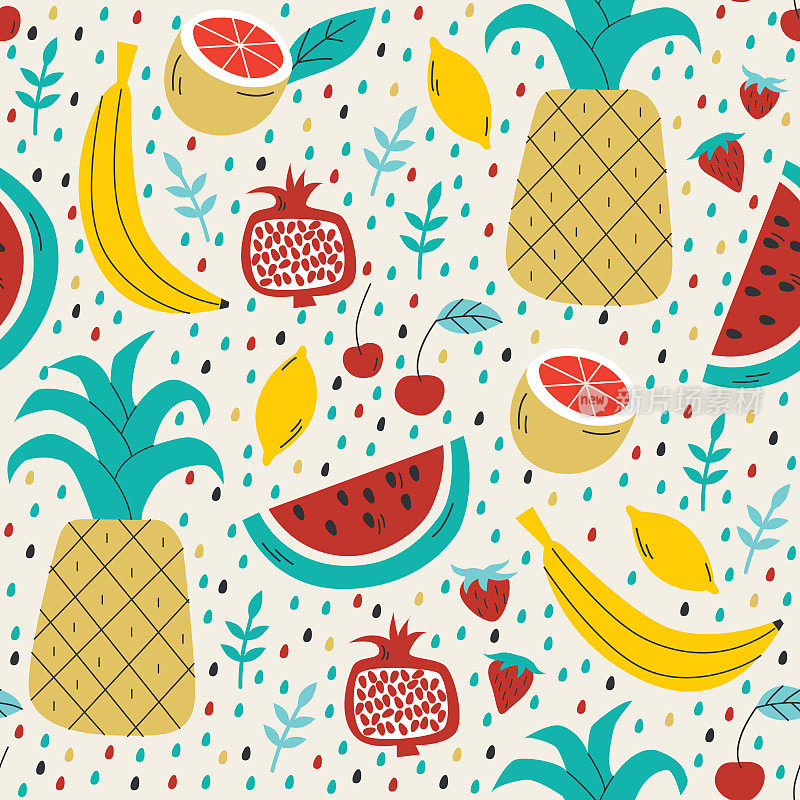 夏季无缝模式与热带水果。水果无缝模式。