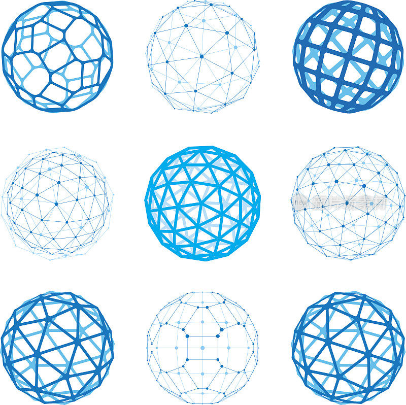 集向量维线框低多边形对象，球面面形状与网格。三维网格元素采集技术可作为工程设计形式。