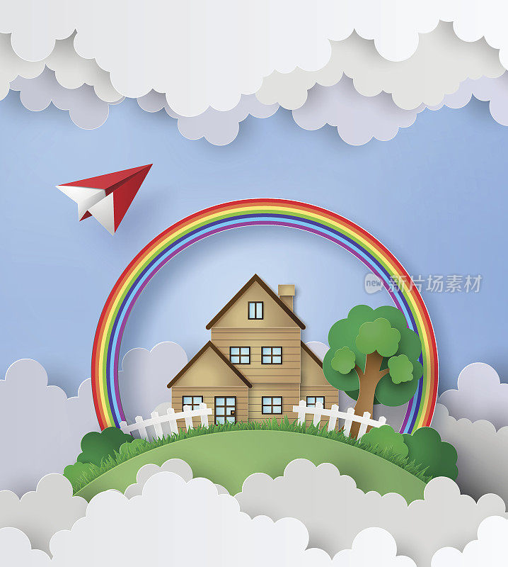 飞机飞过有彩虹的房子