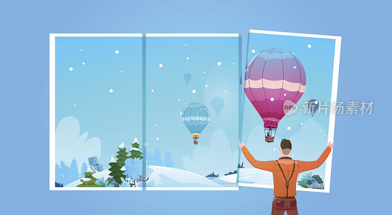 在冬天的天空中，在窗户里看彩色气球的人