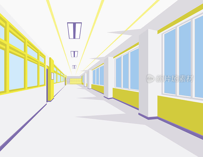 学校大厅内部为扁平风格。矢量插图的大学或学院走廊与窗户。