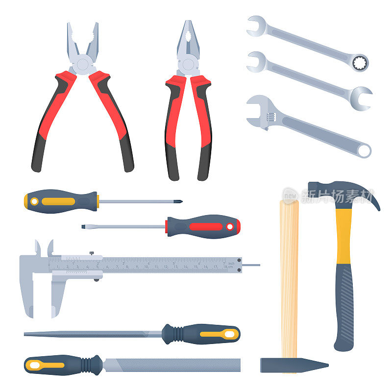 建造者，修理和建造手工具组。平面向量元素