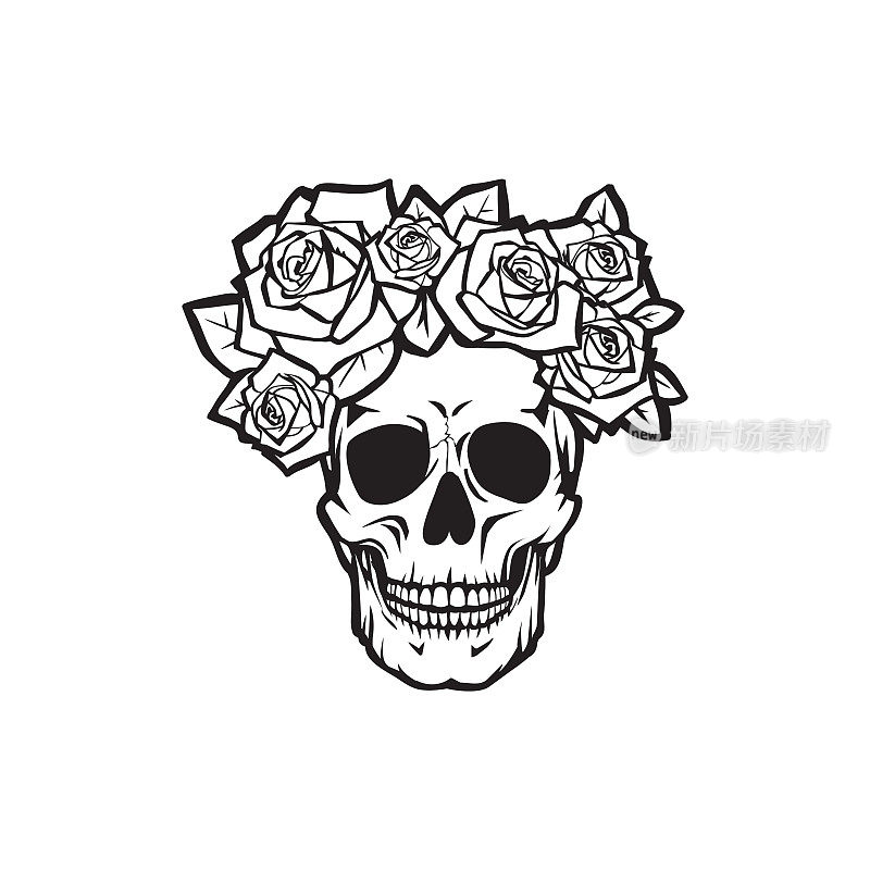 人类头骨，玫瑰，黑色和白色