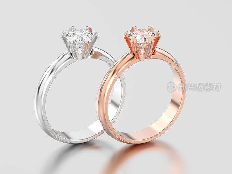 3D插图两玫瑰和白色黄金或白银传统的单人订婚钻石戒指