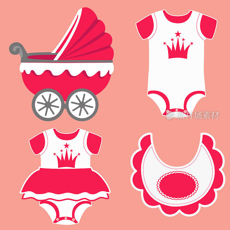 图标设置婴儿围兜，紧身衣的女孩和婴儿车。
