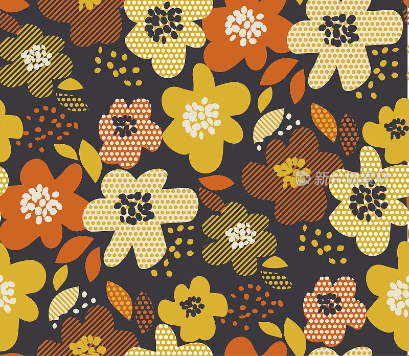 简单的自由绘制花卉无缝图案。复古60年代的花图案在秋季橙色和黄色的颜色。矢量插图。