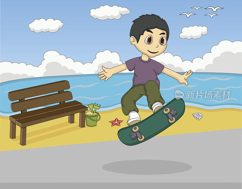 小孩子在沙滩上玩滑板