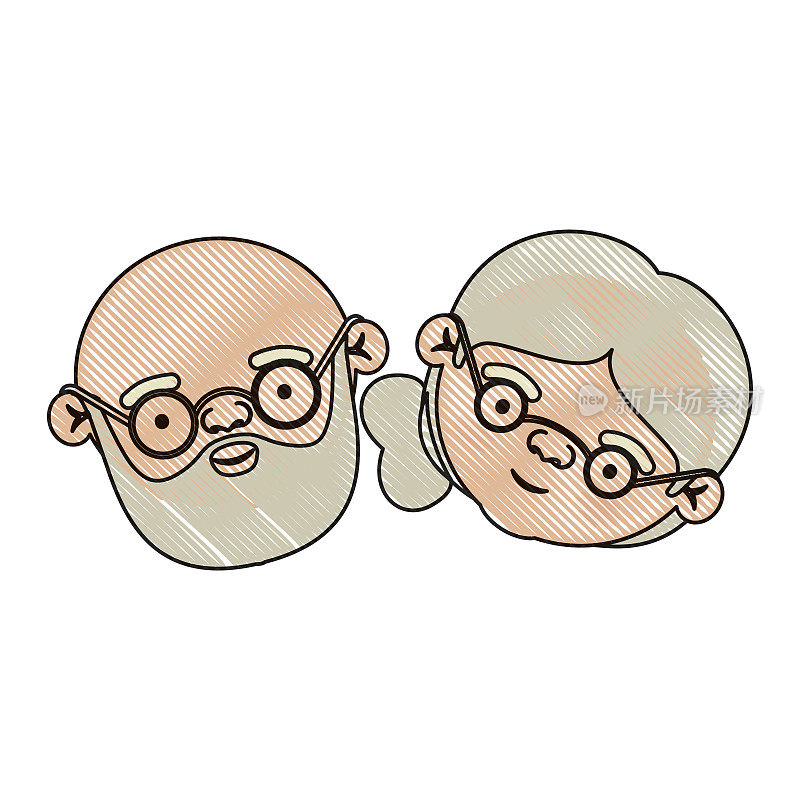 彩色蜡笔剪影的老夫妇秃顶的祖父和戴眼镜的祖母的脸和侧发髻
