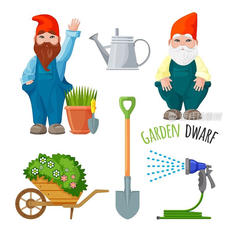 花园矮子，园艺工作工具，金属铲，喷壶