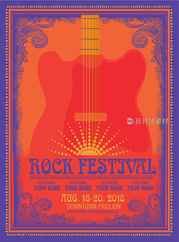 摇滚音乐节海报设计模板与电吉他