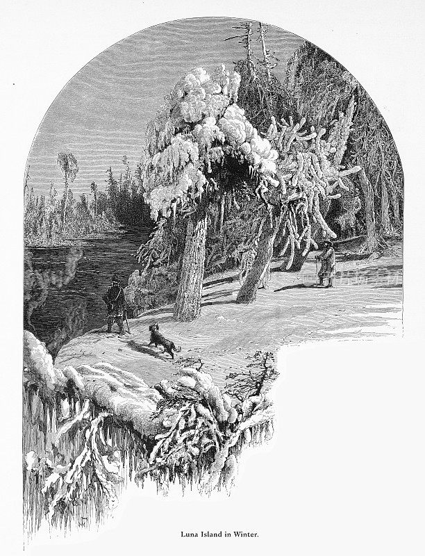冬天的月亮岛，尼亚加拉大瀑布，纽约，尼亚加拉大瀑布，安大略省，美国维多利亚版画，1872年