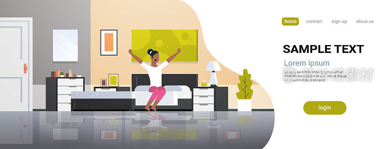 清晨醒来的女人伸开双臂非裔美国女孩坐在床上，起床后满意概念现代公寓卧室室内平面水平复制空间