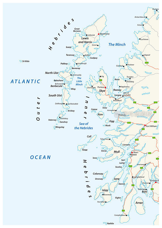 矢量路线图的苏格兰群岛赫布里底群岛在苏格兰西北海岸