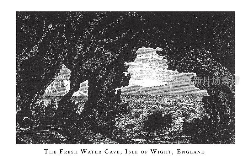 淡水洞穴，怀特岛，英格兰，森林，湖泊，洞穴和不寻常的岩层雕刻古董插图，出版1851年