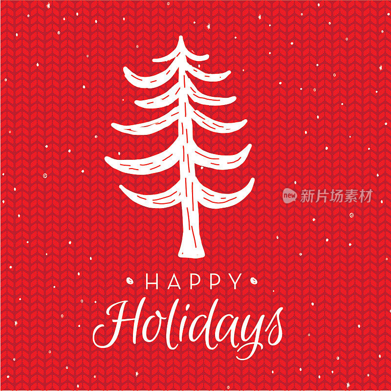 红色和白色针织手绘节日快乐贺卡与可爱的树