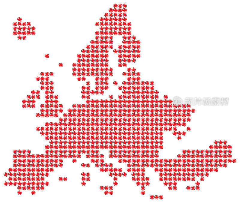 用Covid-19图标绘制的欧洲点状地图，代表疫情的蔓延