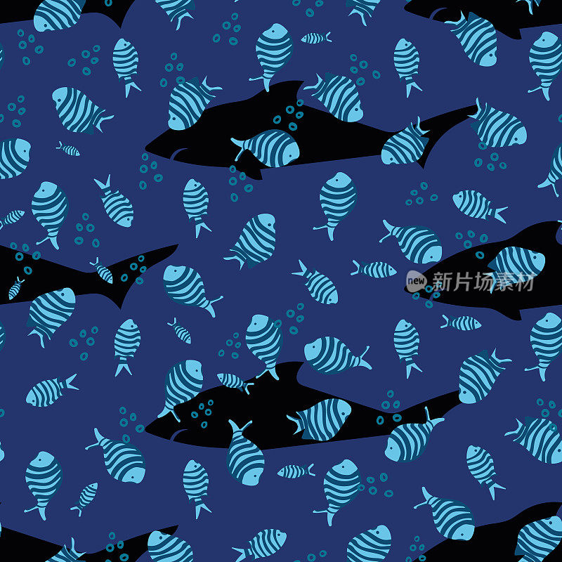 鲨鱼和领航鱼无缝矢量蓝色模式