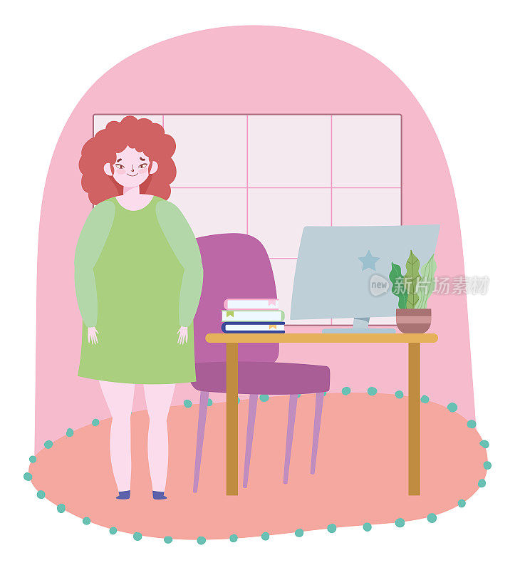 远程工作，女人站在房间的电脑书桌和椅子