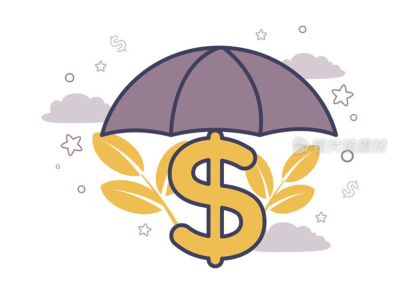 金融服务。保险。插图的伞与美元符号的背景上的树枝与树叶，星星，云彩。