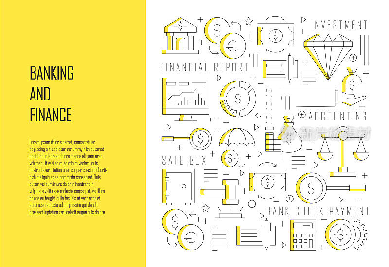 银行和金融相关线设计风格网页横幅矢量插图