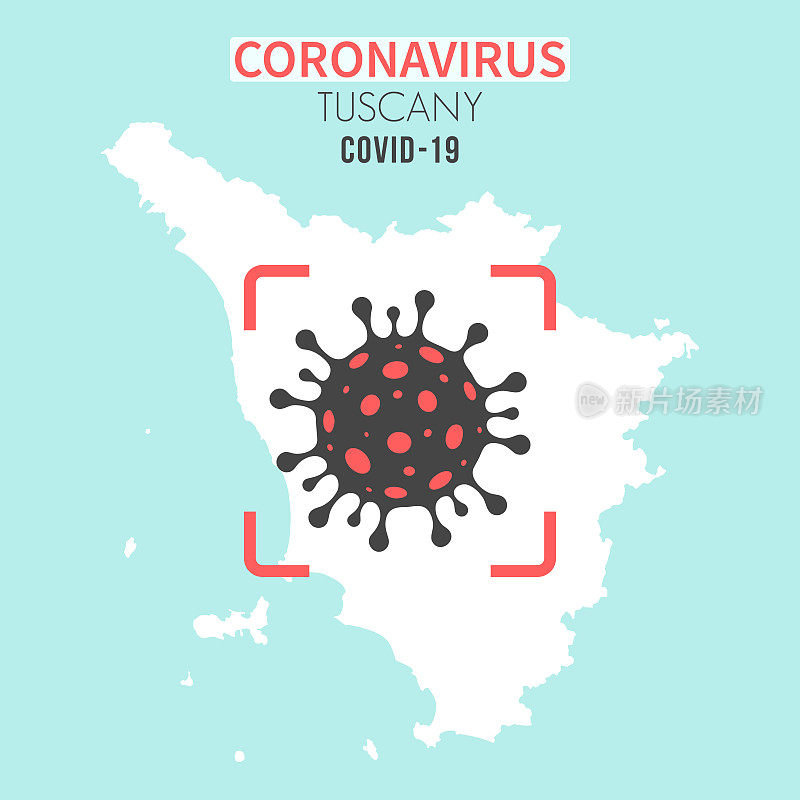 托斯卡纳地图，红色取景器显示冠状病毒细胞(COVID-19)