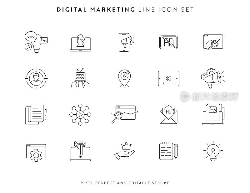 数字营销图标设置可编辑的描边和像素完美。