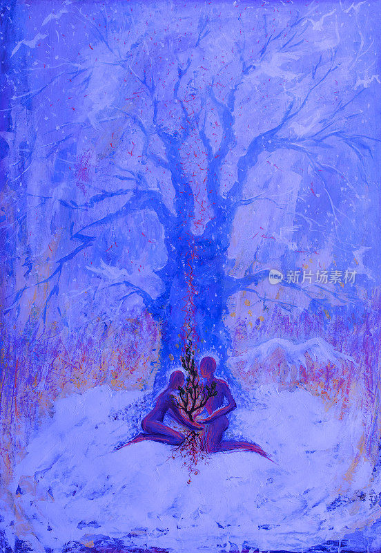 时尚的节日插图寓言情人节艺术作品印象派象征油画垂直的冬季风景爱情树激情人物坐在雪地里对着雪花飘落的夜空