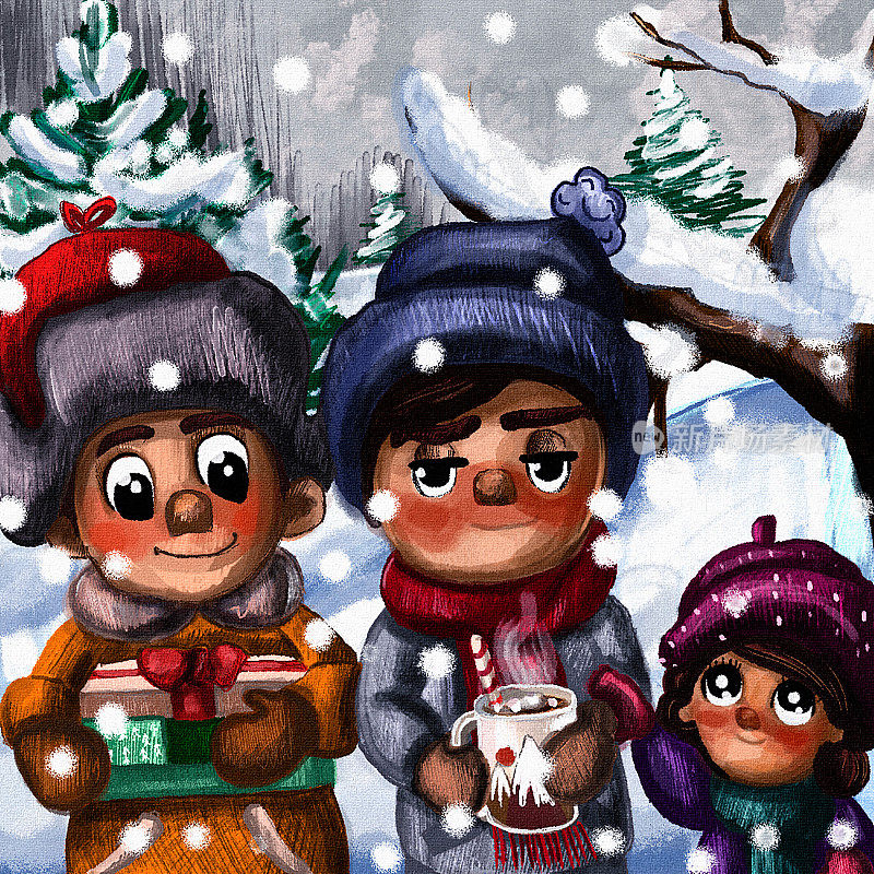 白雪皑皑的插图。冬天，温暖而美丽的雪天对于喜欢巧克力和雪的男孩。