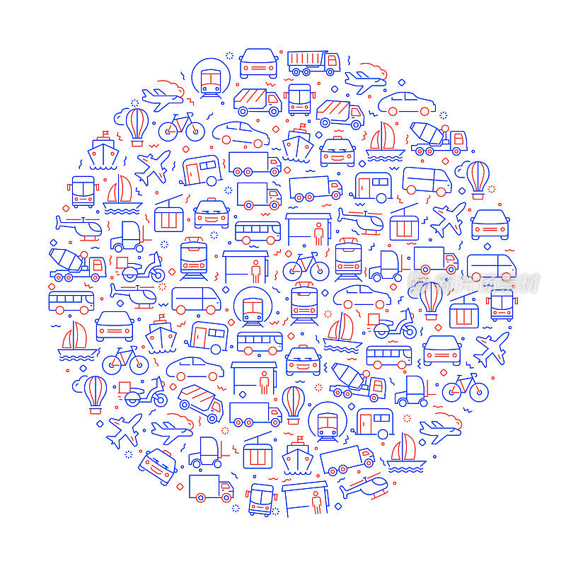 交通相关模式与图标。现代线条风格矢量插图