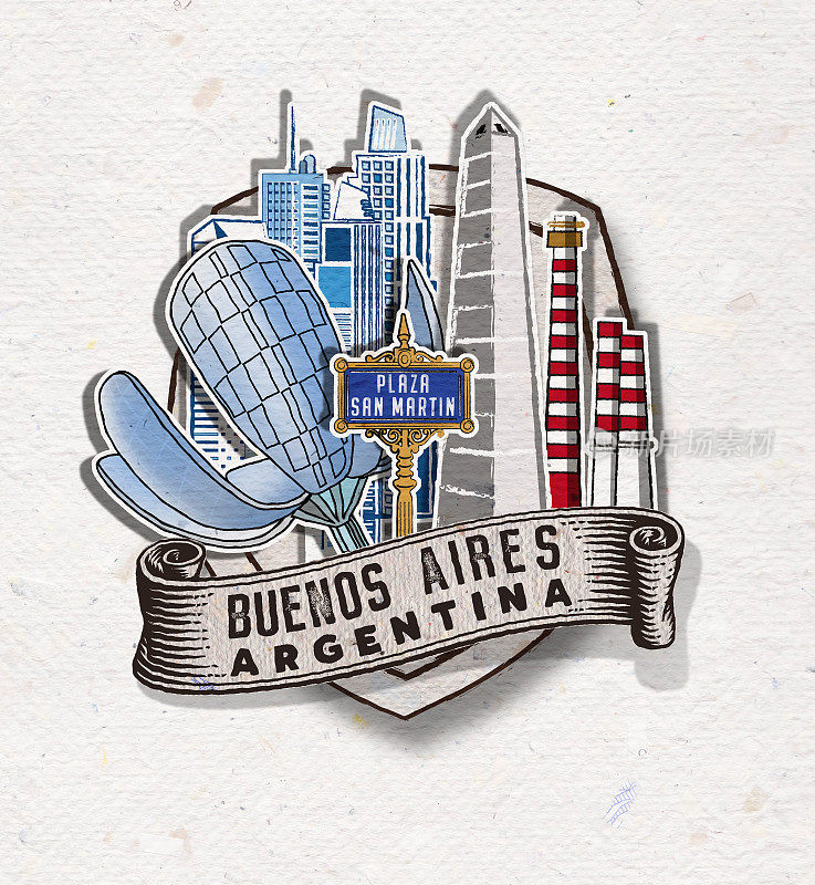 阿根廷布宜诺斯艾利斯的徽章，上面有重要的建筑物和标志